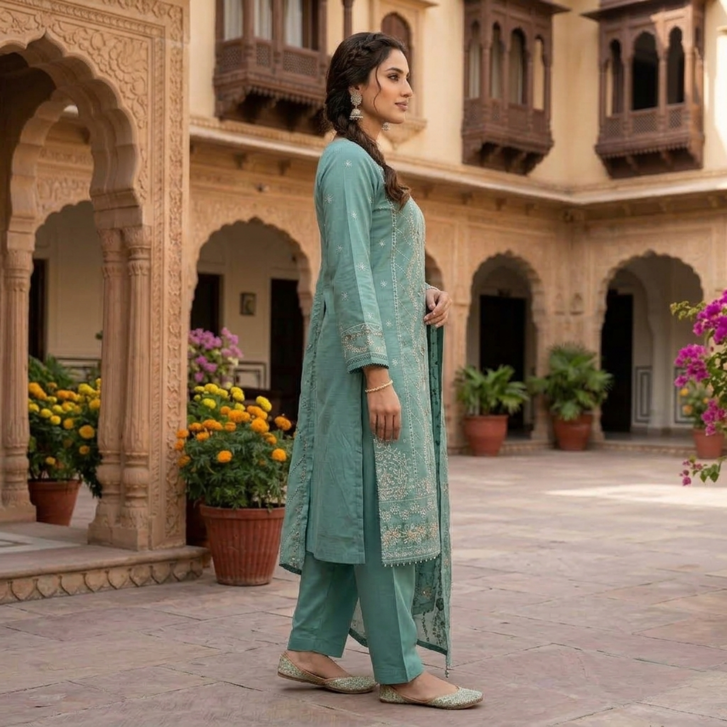 Premium Sea Green Embroidered Slub Cotton 3-Piece Summer Suit for Women