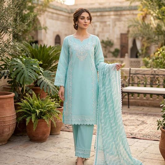 Premium Sky Blue Embroidered Plain Cotton 3-Piece Summer Suit for Women