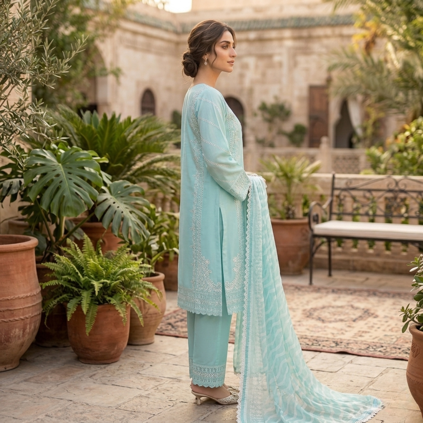 Premium Sky Blue Embroidered Plain Cotton 3-Piece Summer Suit for Women