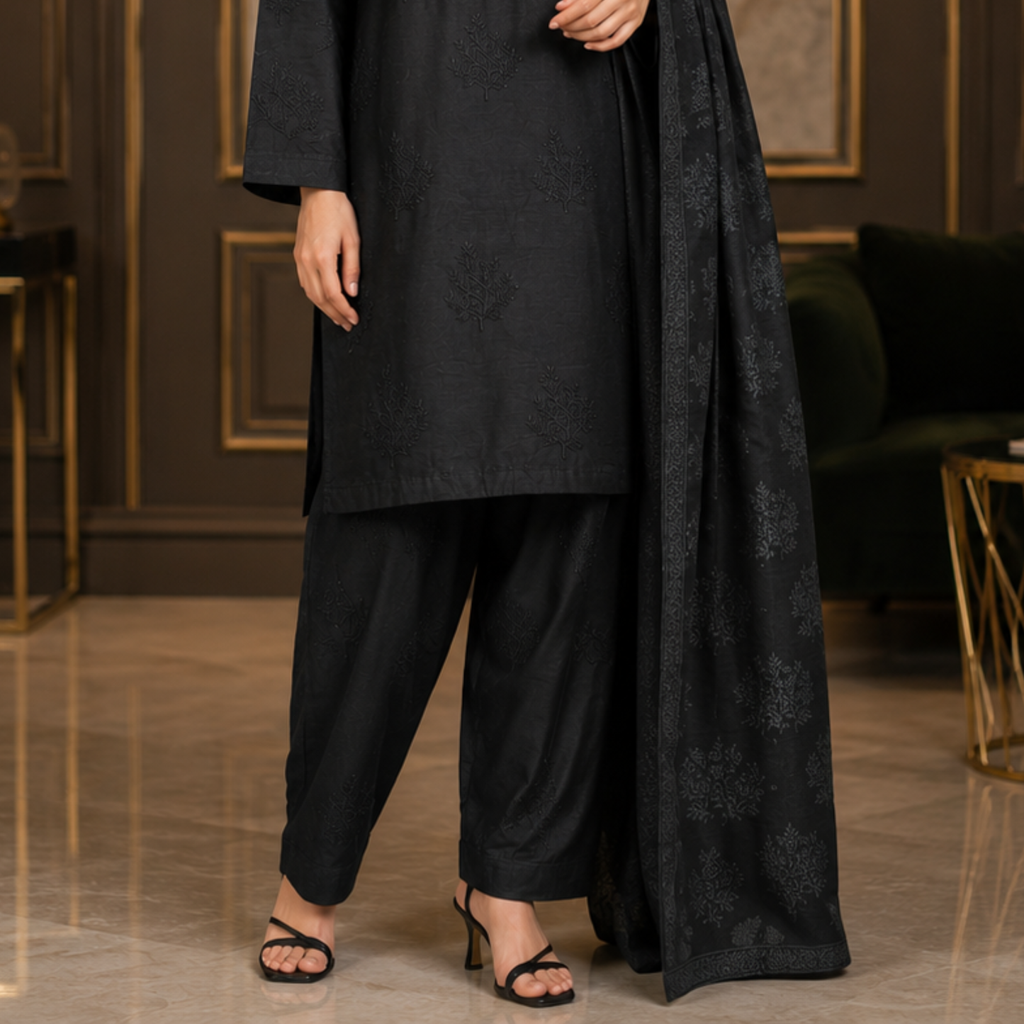 Premium Black Embroidered Slub Cotton 3-Piece Shalwar Kameez Suit for Women