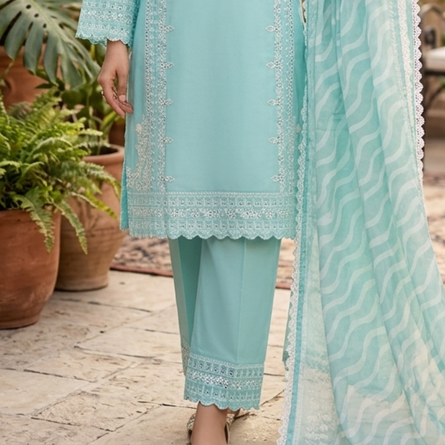 Premium Sky Blue Embroidered Plain Cotton 3-Piece Summer Suit for Women
