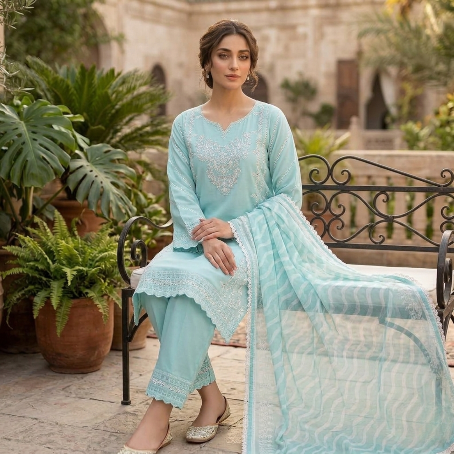 Premium Sky Blue Embroidered Plain Cotton 3-Piece Summer Suit for Women