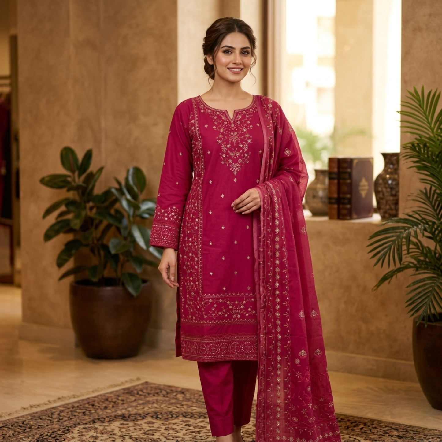 Premium Magenta Embroidered Slub Cotton 3-Piece Summer Suit for Women
