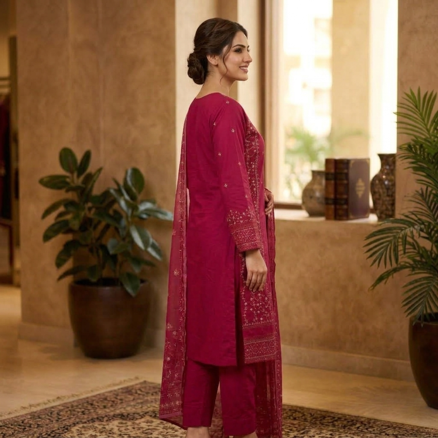 Premium Magenta Embroidered Slub Cotton 3-Piece Summer Suit for Women