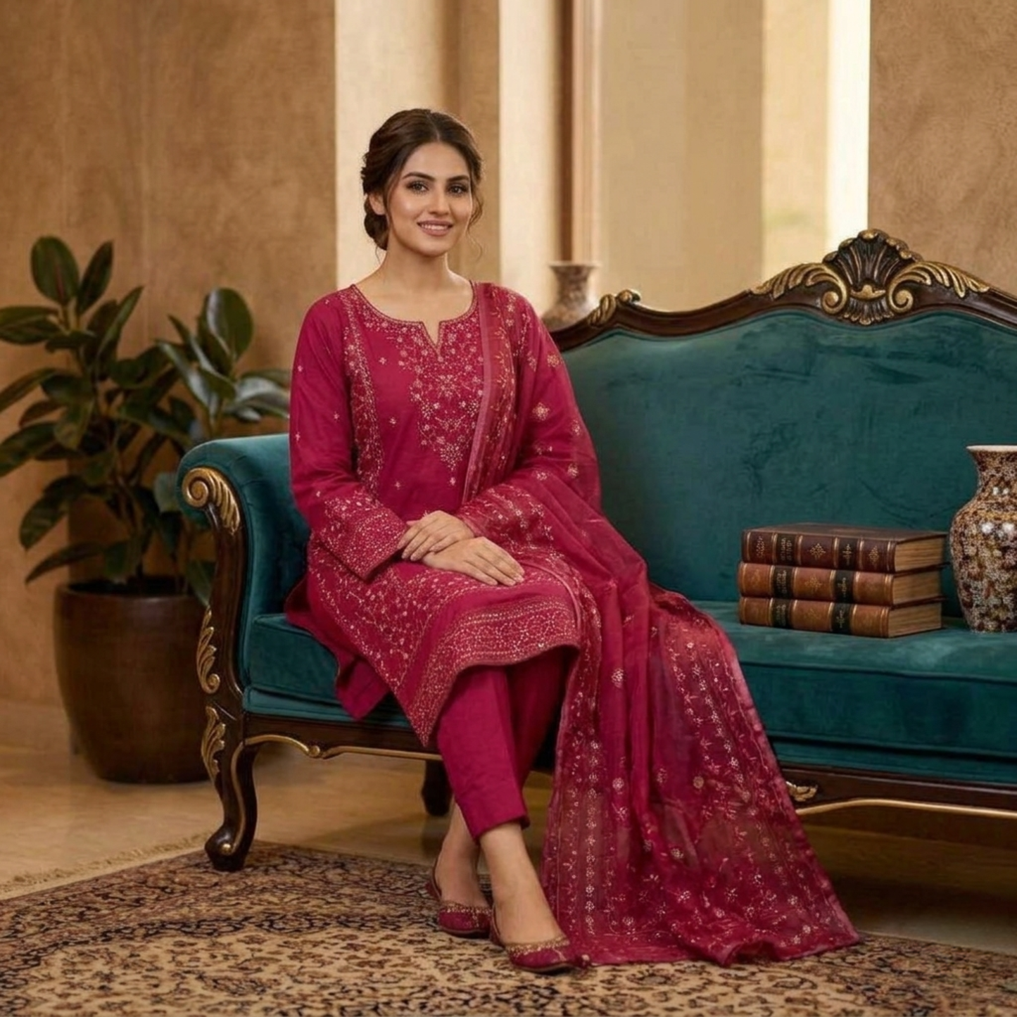 Premium Magenta Embroidered Slub Cotton 3-Piece Summer Suit for Women
