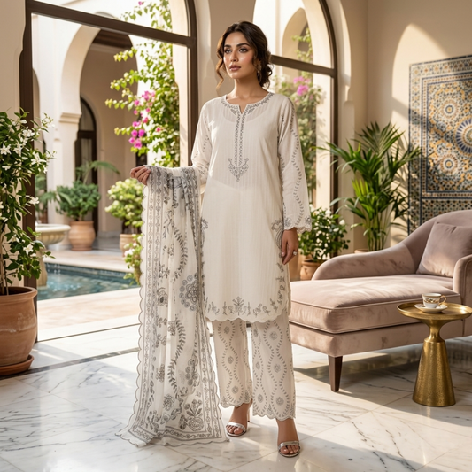 Premium Off-White Embroidered Slub Cotton 3-Piece Summer Suit for Women