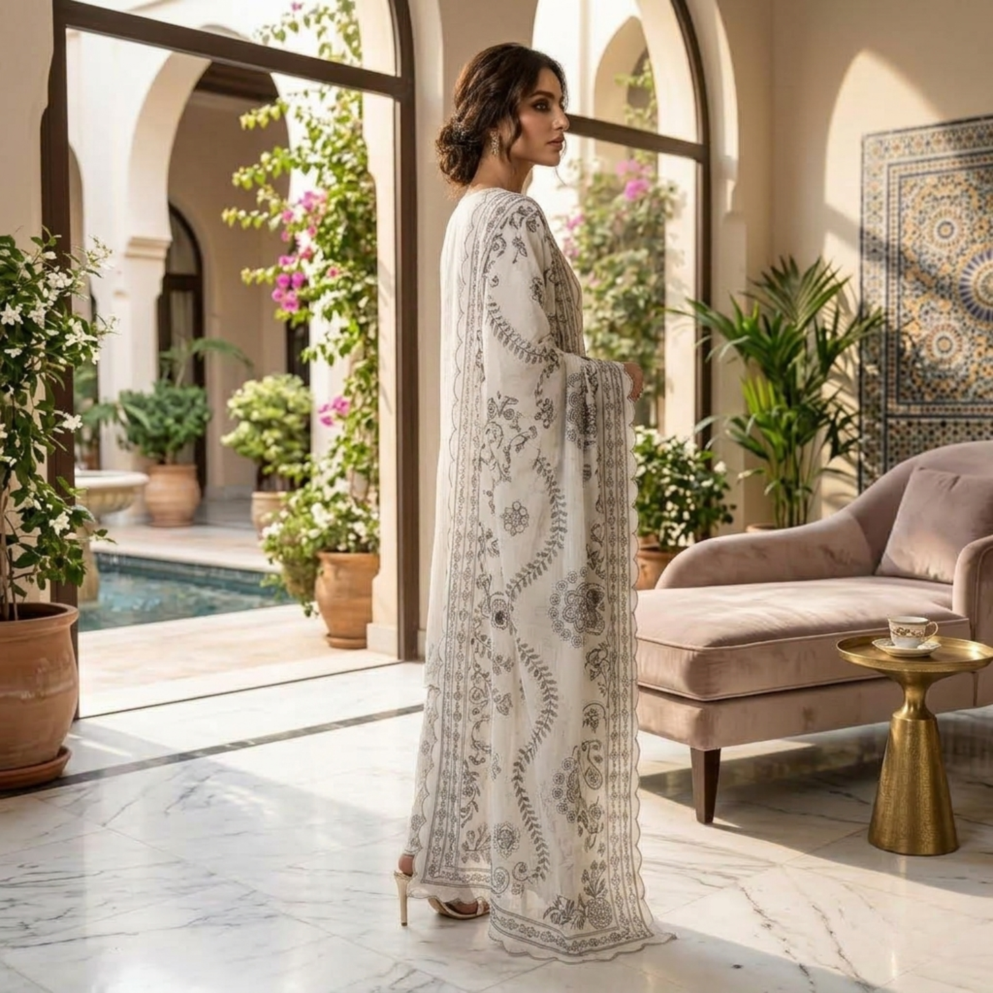 Premium Off-White Embroidered Slub Cotton 3-Piece Summer Suit for Women