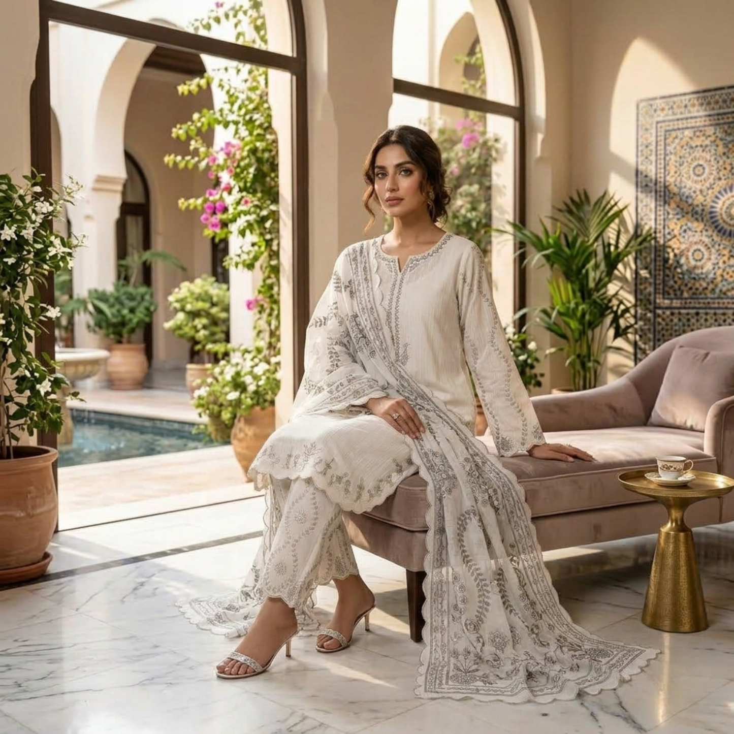 Premium Off-White Embroidered Slub Cotton 3-Piece Summer Suit for Women
