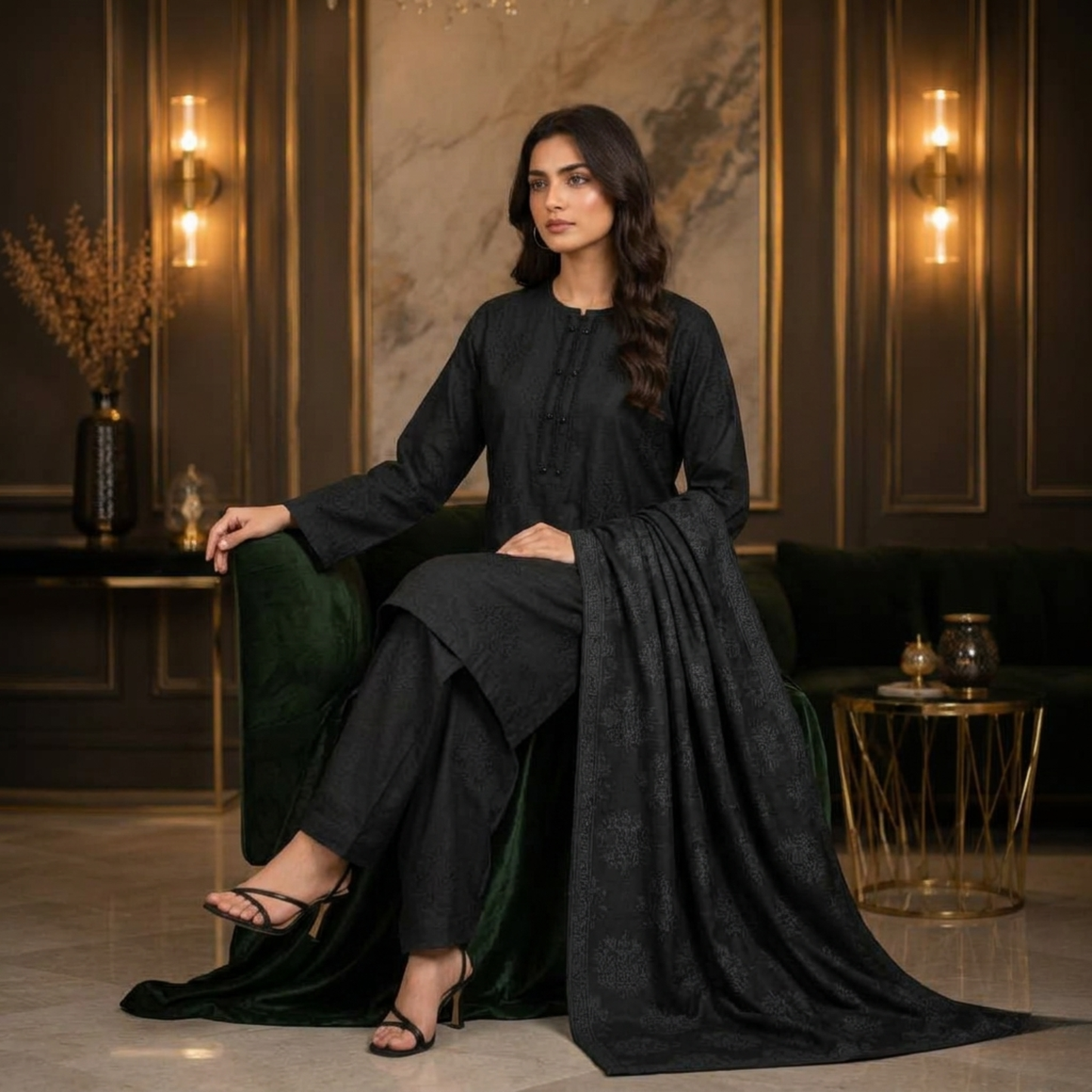 Premium Black Embroidered Slub Cotton 3-Piece Shalwar Kameez Suit for Women