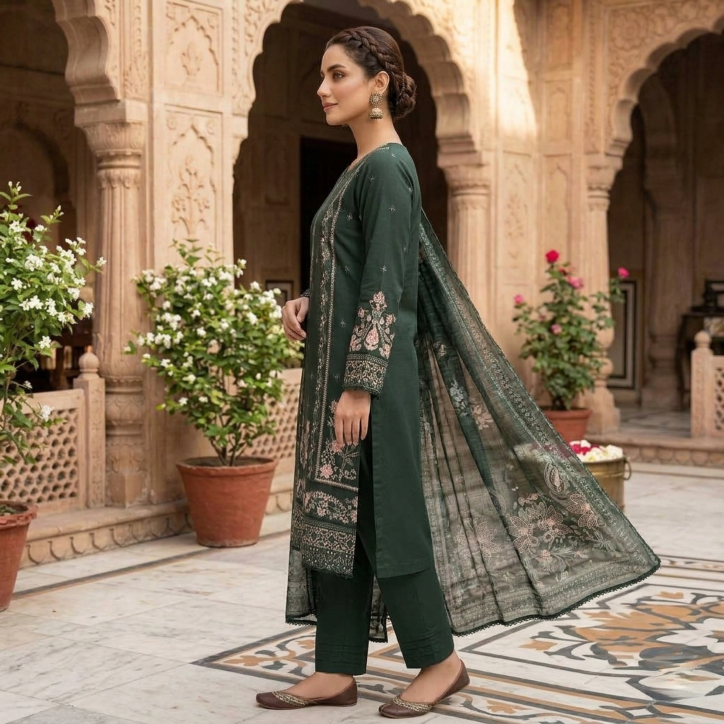 Premium Bottle Green Embroidered Slub Cotton 3-Piece Summer Suit for Women