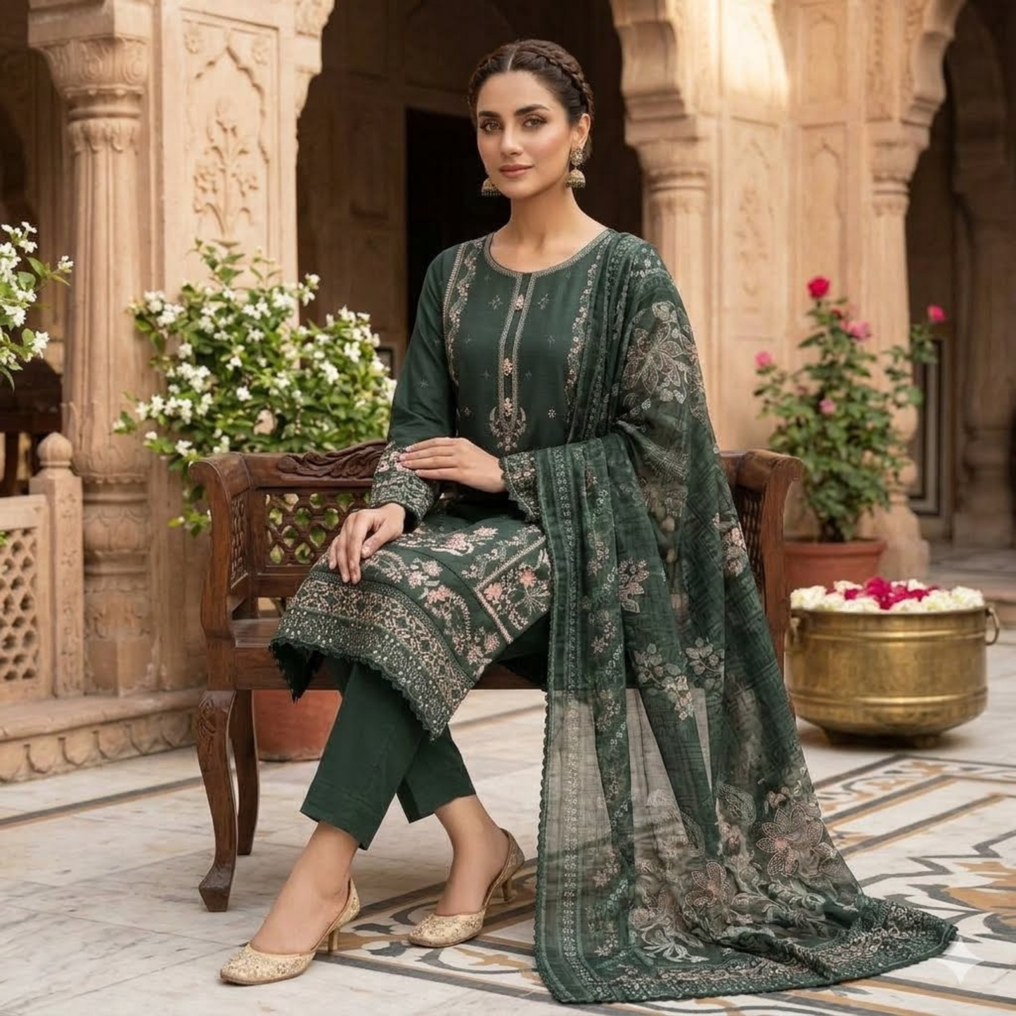 Premium Bottle Green Embroidered Slub Cotton 3-Piece Summer Suit for Women