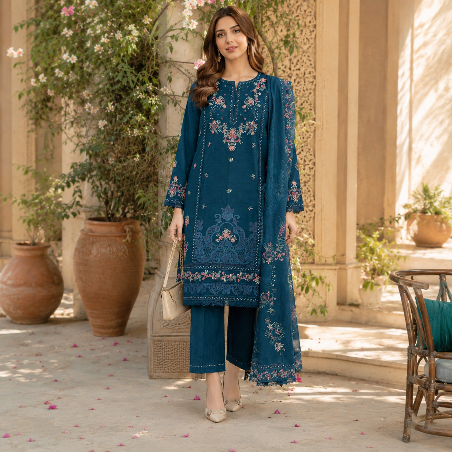 Premium Teal Blue Embroidered Summer Slub Cotton 3-Piece Suit for Women
