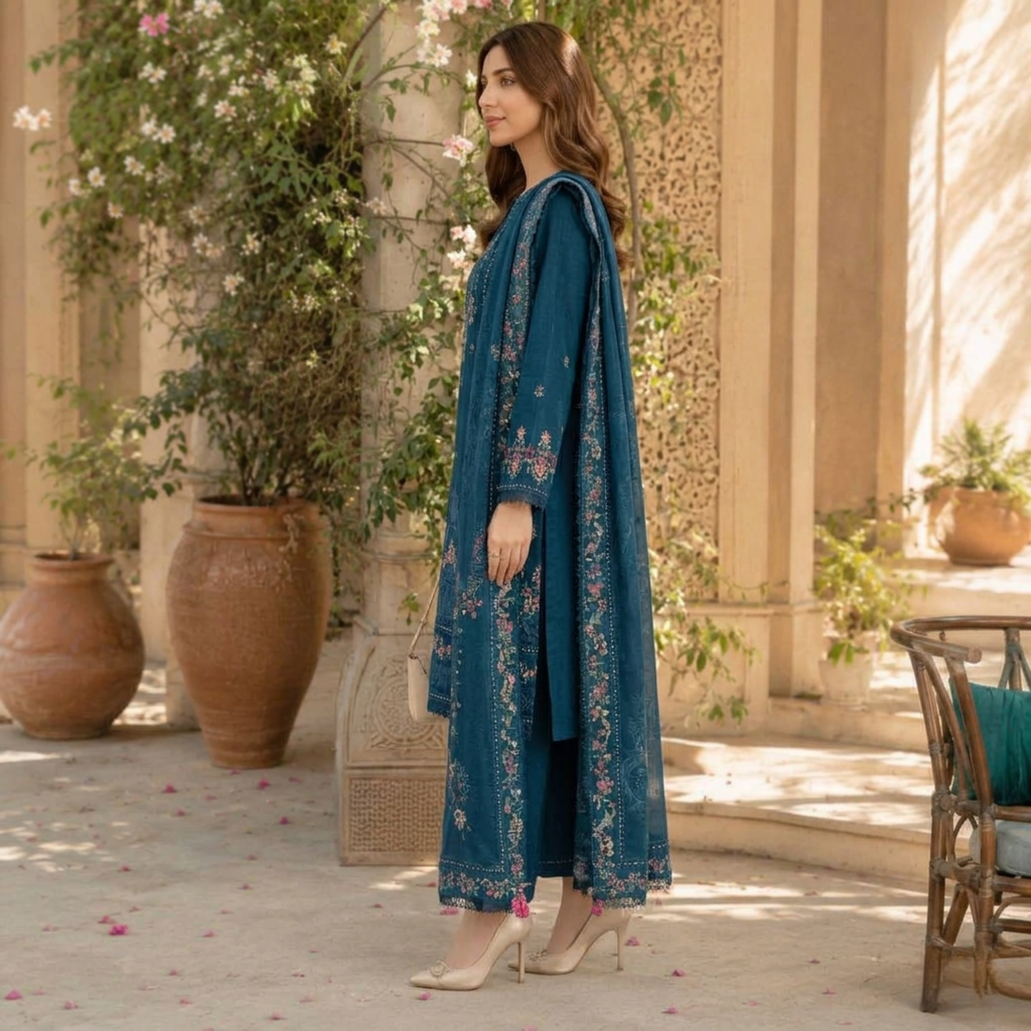Premium Teal Blue Embroidered Summer Slub Cotton 3-Piece Suit for Women