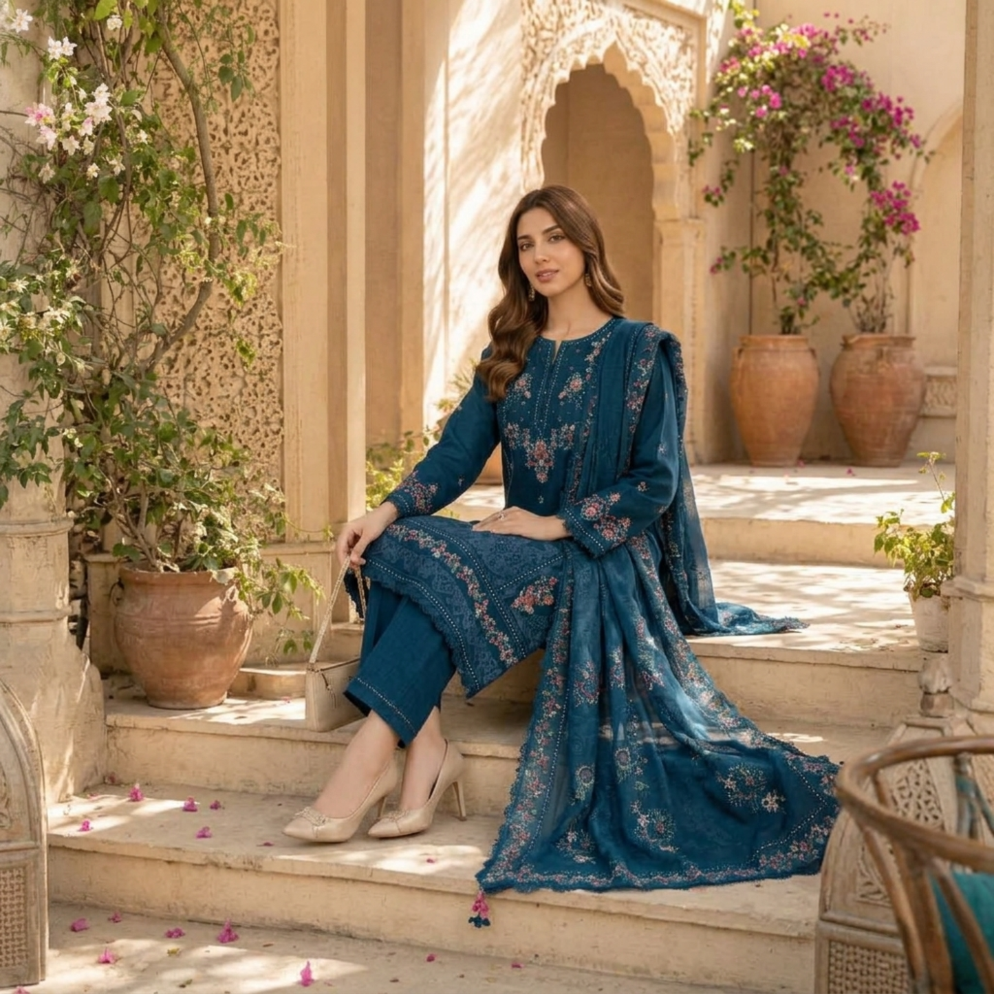 Premium Teal Blue Embroidered Summer Slub Cotton 3-Piece Suit for Women