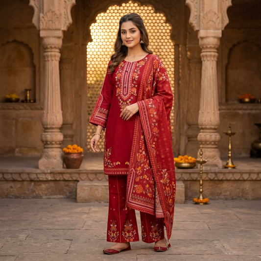 Premium Maroon Embroidered Plain Cotton 3-Piece Summer Suit for Women