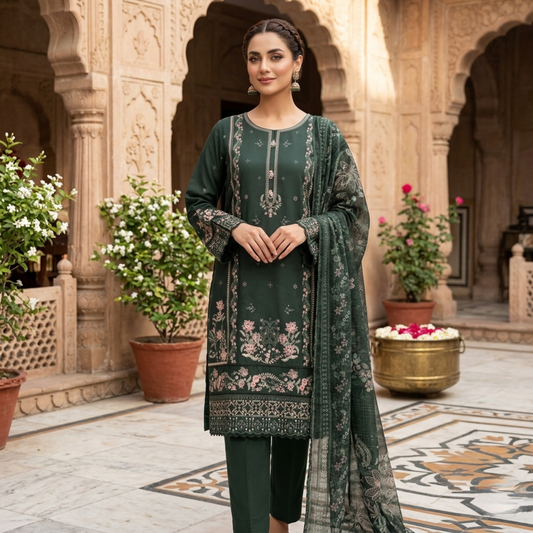 Premium Bottle Green Embroidered Slub Cotton 3-Piece Summer Suit for Women